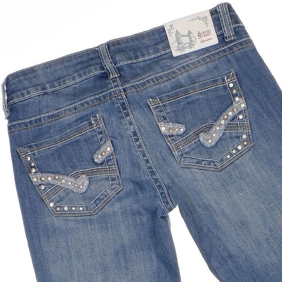 Baker Street Bootcut Jeans Juniors 5 Embellished Blue Denim Stretch 28x31.5 - Picture 4 of 12